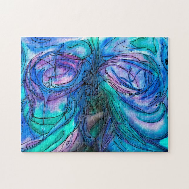 Blå Fantasy Watercolor Pussel (Horisontell)
