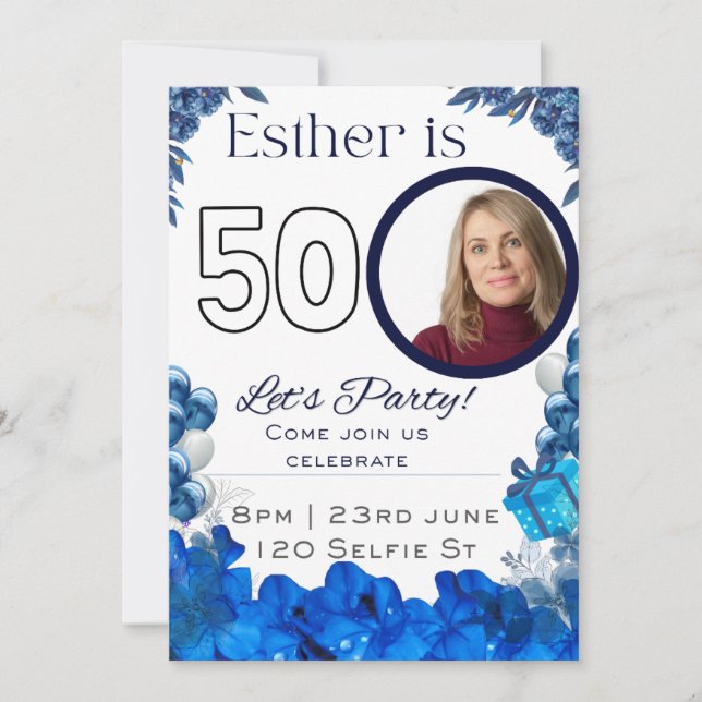 Blå Färg 50-årsdag Inbjudningar (Framsida)