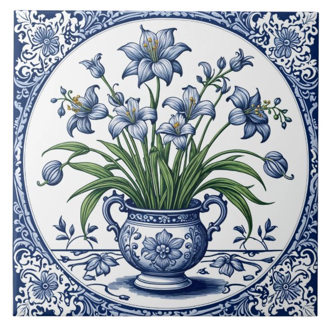 Blå färg blommor kakelplatta (Framsidan)
