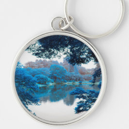 Blå färg-coola, unik karaktär, sjö rund silverfärgad nyckelring