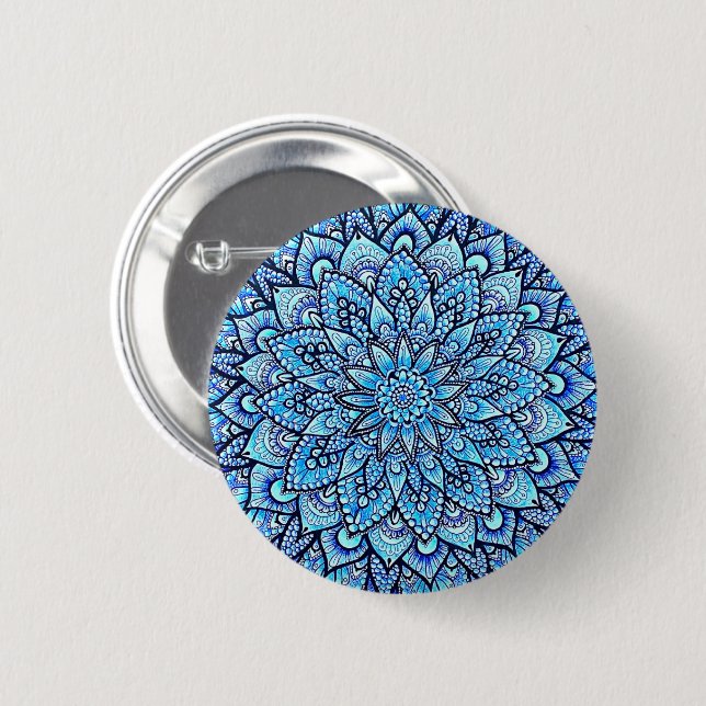Blå Färg Handritad Mandala Design Pin Knapp (Framsida & baksida)