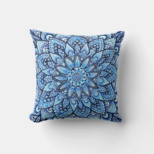 Blå Färg Penna Handritad Mandala Design Kudde