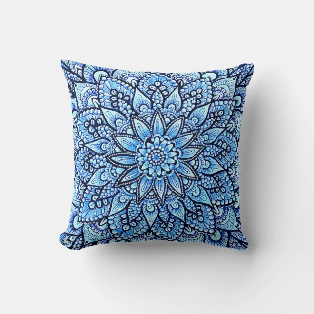 Blå Färg Penna Handritad Mandala Design Kudde (Framsida)
