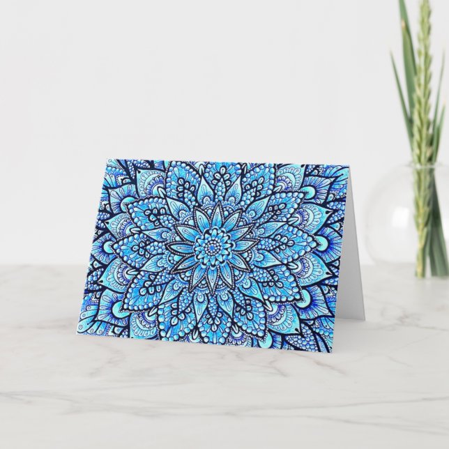 Blå Färg Penna Mandala Design Glad Födelsedag Kort (Framsida)