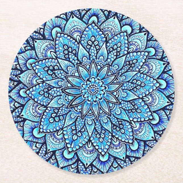 Blå Färg Penna Mandala Design Konst Underlägg Papper Rund (Framsidan)