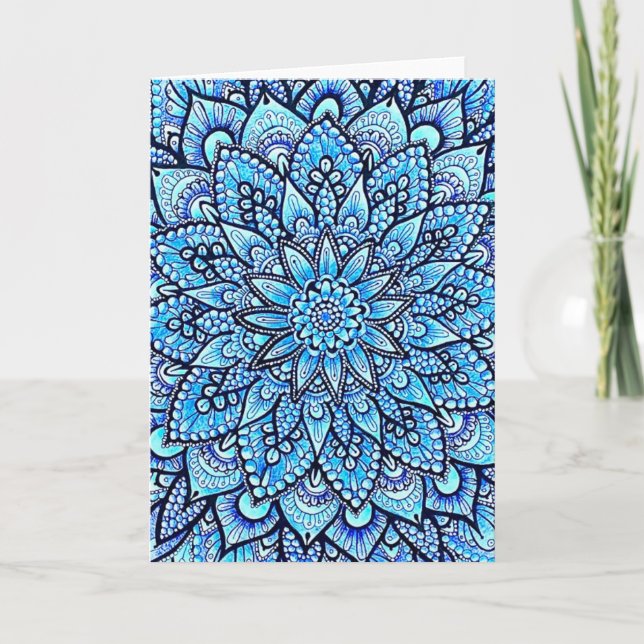 Blå Färg Penna Mandala Design Original Konst  Kort (Framsida)