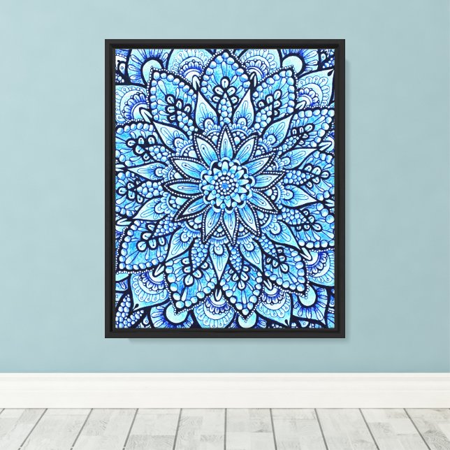 Blå Färg Penna Mandala Sträckt Canvastryck (Insitu (trägolv))