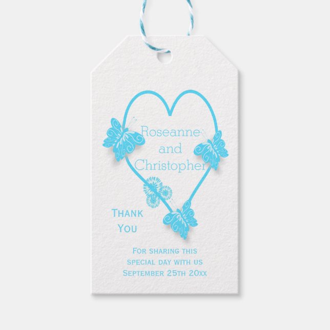 Blå Färgad Butterfly Heart Design Bröllop Presentetikett (Framsidan)
