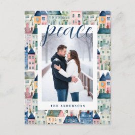 Blå färgade hus för julfoto med vattenfärg helg vykort