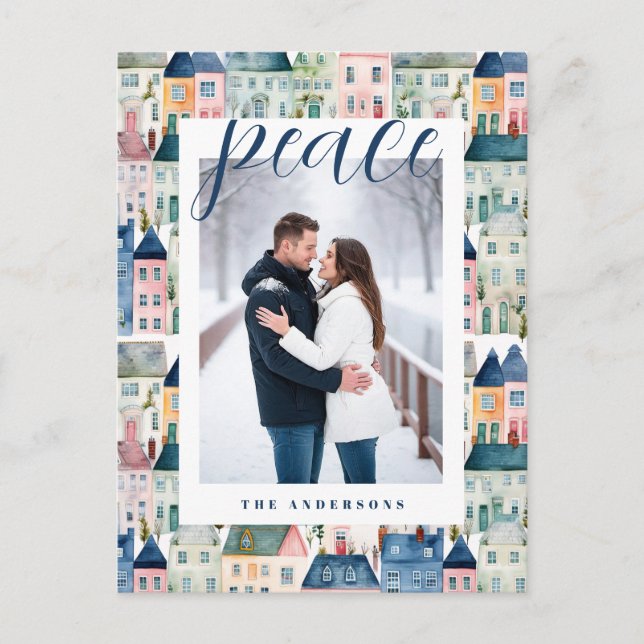 Blå färgade hus för julfoto med vattenfärg helg vykort (Framsida)