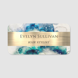 Blå färgen Teal Watercolor och guldfärgen Foil Namnbricka