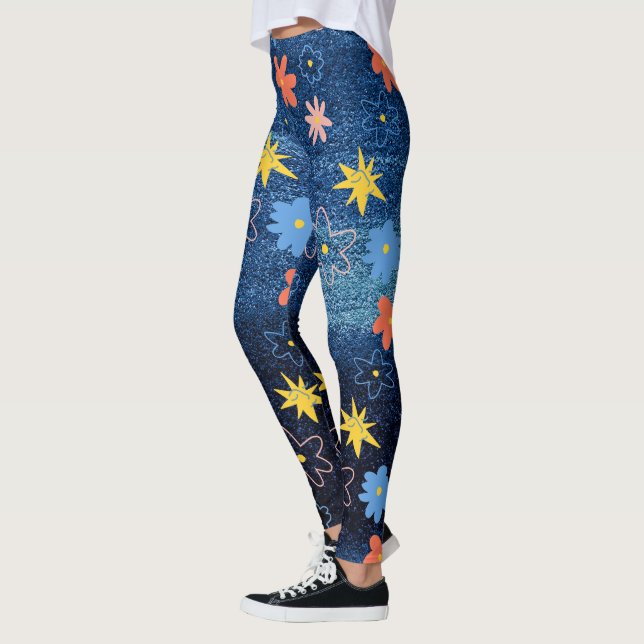 Blå färglös Abstrakt för blommor i Dream Leggings (Vänster)