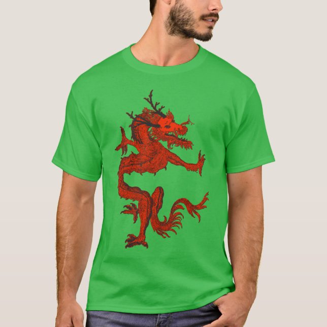 Blå Färgrik Traditionell Kinesisk Drak i Månen T Shirt (Framsida)