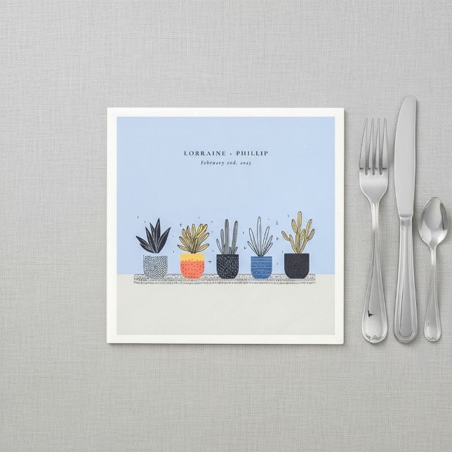 Blå Färgrika Krukväxter Bröllop Pappersservett (Blue Colorful Potted House Plants wedding Napkins.)