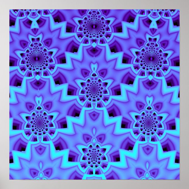 Blå Färgton Mandala Fraktal Geometriskt Mönster Poster (Framsidan)