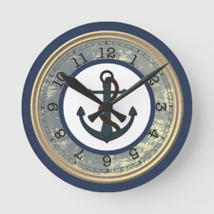 Blå fästpunkt med Rope Nautical Wall Clock Rund Klocka