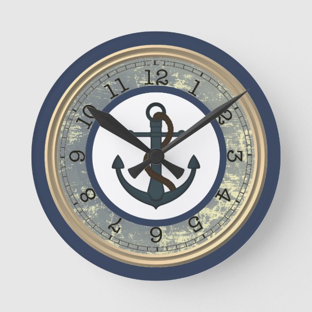 Blå fästpunkt med Rope Nautical Wall Clock Rund Klocka (Framsida)