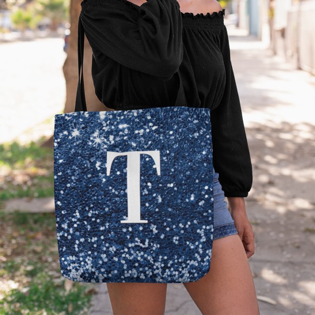 Blå Faux Glitter Bokeh Sparkly Monogram Tygkasse (Navy Blue Chunky Glitter Monogram Tote Bag)