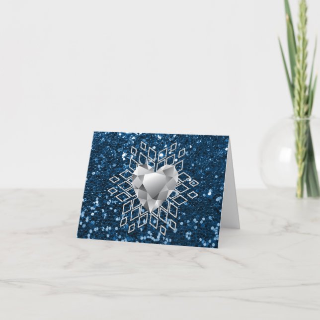 Blå faux Glitter Diamond Heart Snowflake Helgkort (Framsida)
