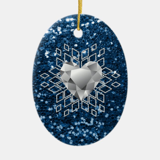 Blå faux Glitter Diamond Heart Snowflake Julgransprydnad Keramik (Framsidan)
