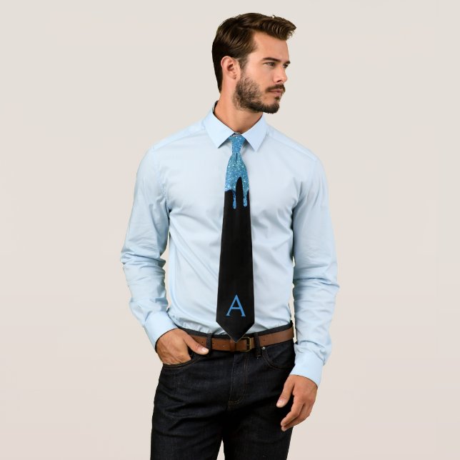 Blå Faux Glitter Drip Black Monogram Neck Tie Slips (In Situ)