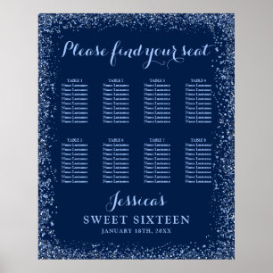 Blå faux Glitter Sweet 16 Sittplatsdiagram Poster