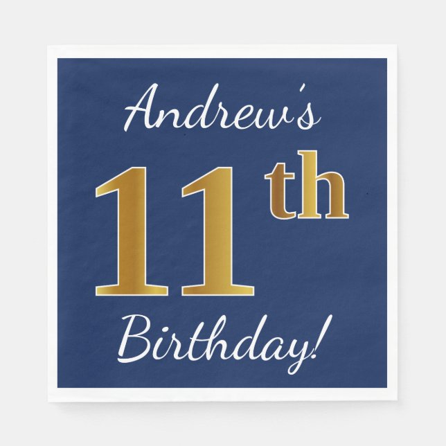Blå, Faux Guld 11:e födelsedagen + eget namn Pappersservett (Framsidan)