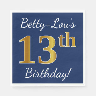 Blå, Faux Guld 13th Birthday + Custom Name Pappersservett