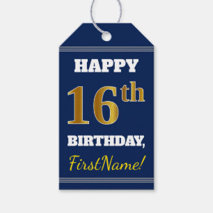 Blå, Faux Guld 16th Birthday + Custom Name Presentetikett