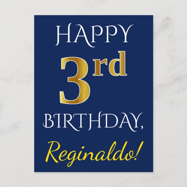 Blå, Faux Guld 3:e födelsedagen + eget namn Vykort (Framsida)