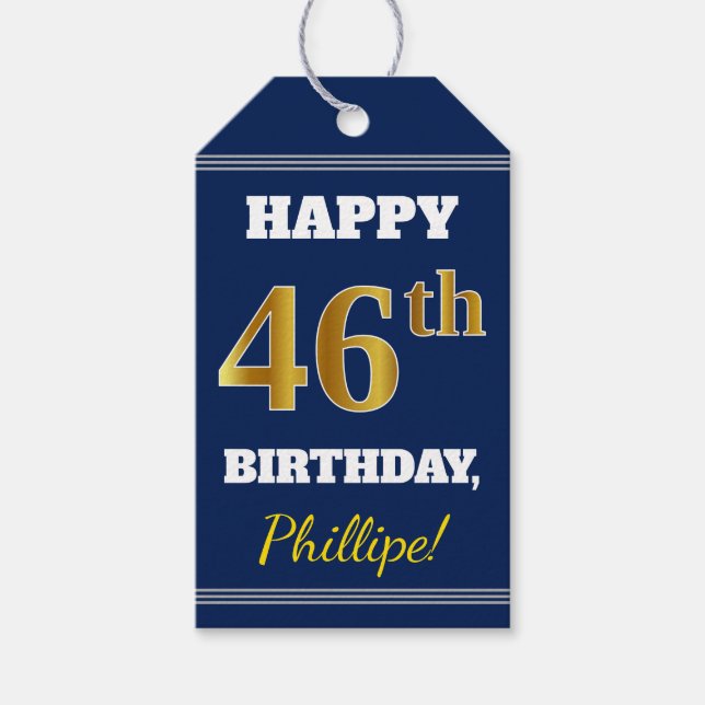 Blå, Faux Guld 46:e födelsedagen + eget namn Presentetikett (Framsidan)