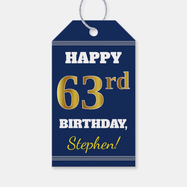 Blå, Faux Guld 63:e födelsedagen + eget namn Presentetikett (Framsidan)