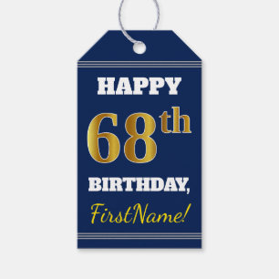 Blå, Faux Guld 68th Birthday + Custom Name Presentetikett