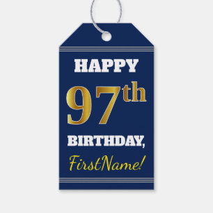 Blå, Faux Guld 97th Birthday + Custom Name Presentetikett