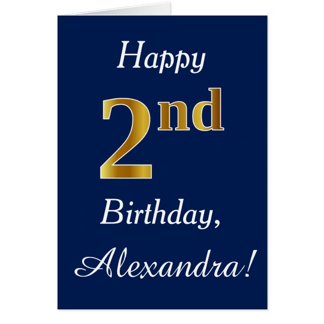 Blå, Faux Guld, andra födelsedagen + eget namn Hälsningskort (Framsidan)