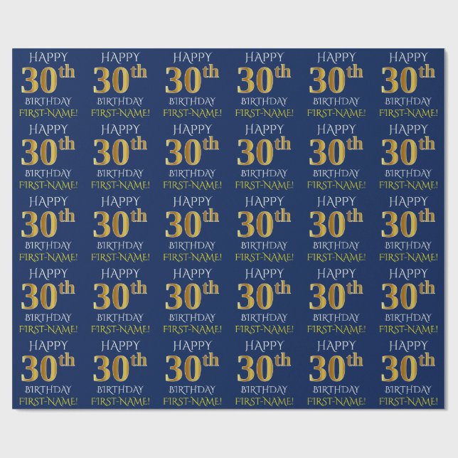 Blå, Faux Guld (LYCKLIG 30års födelsedag) Presentpapper (Platt)