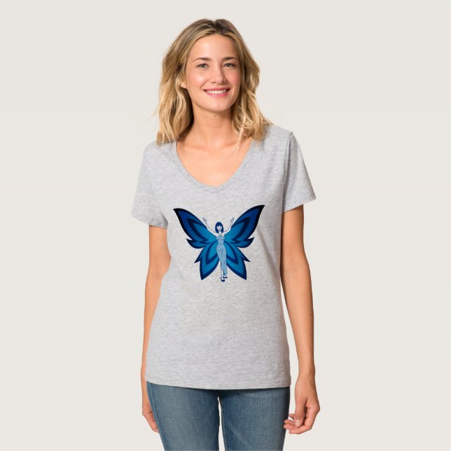 Blå fe-dam Hanes Nano V-ringad t-shirt (Hel framsida)