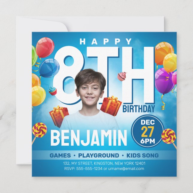 Blå Festlig Barnkalas Foto Inbjudningar (Framsida)