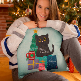 Blå Festlig Söt Katt Kaffe God Jul Kudde