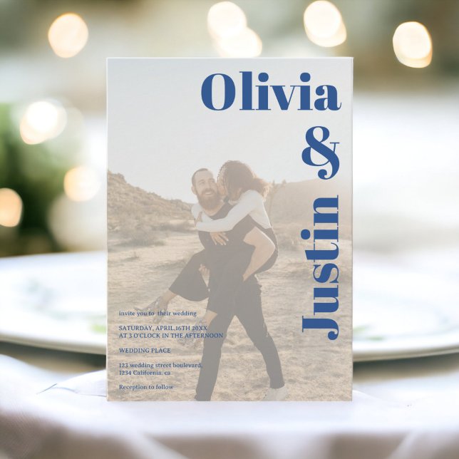 Blå fet namn 2-foton Qr-kod bröllop Inbjudningar (Blue bold names 2 photos Qr code wedding Invitation)