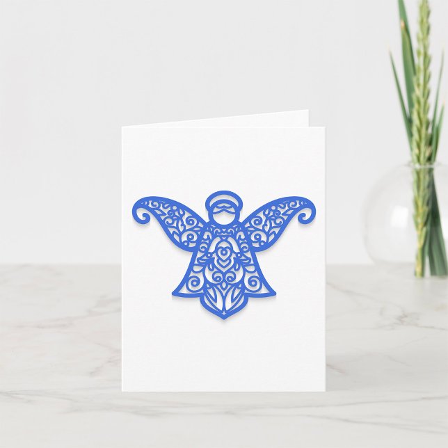 Blå Filigree Ängelsilhuett Ornamenterad Spets Kort (Skapare uppladdad)