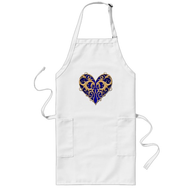 Blå filigree Heart Apron Långt Förkläde (Framsidan)