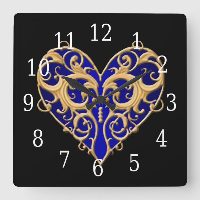 Blå filigree Heart Clock Fyrkantig Klocka (Framsida)