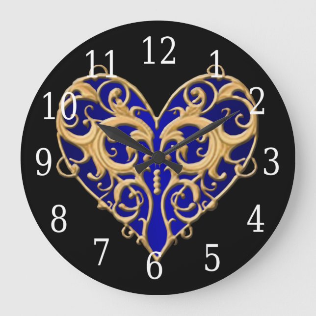 Blå filigree Heart Clock Stor Klocka (Framsida)