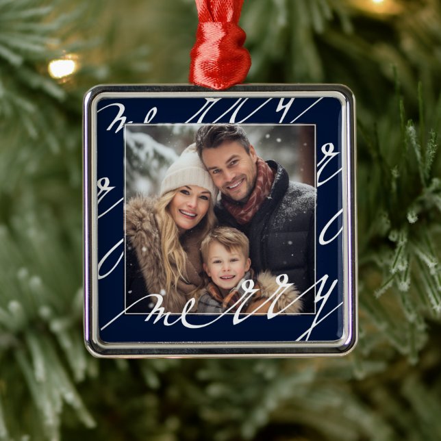 Blå Finare-skript "Merry"-julfoto Julgransprydnad Metall (Träd)
