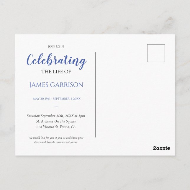 Blå firande av livet med foto begravningsinbjudan vykort (Baksida)