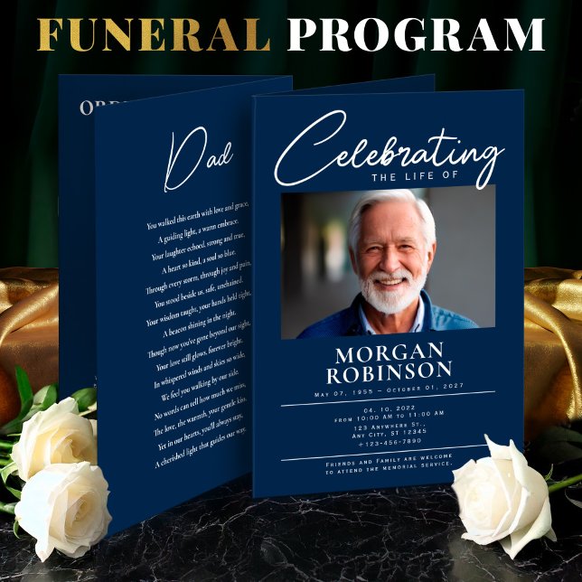 Blå Firande i livets fotobegravning Program (Elegant Funeral Program Foldable – Celebration of Life,Obituary,Photo Collage, Order  of Service)