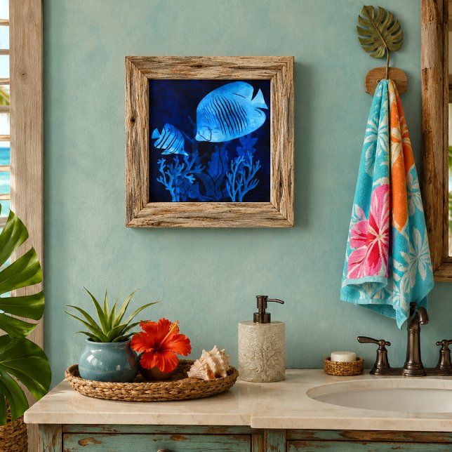 Blå Fisk Djupt Blå Hav Marinliv Havstema Kakelplatta (watercolor illustration of blue angelfish and butterfly fish ocean marine life ceramic tile
)