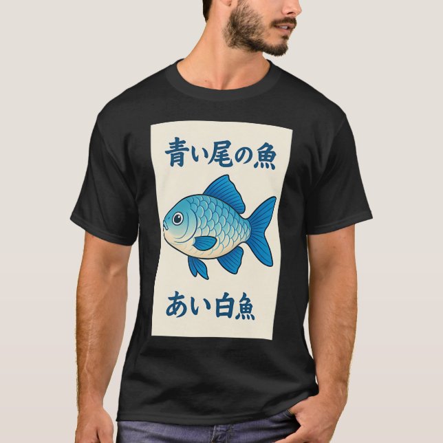 Blå fisk med japanska tecken t shirt (Framsida)