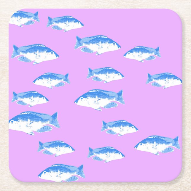 Blå fisk på lila underlägg papper kvadrat (Framsidan)